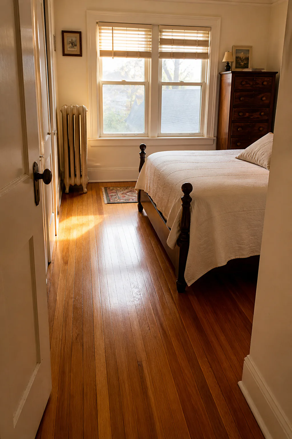 Refinished narrow-strip red oak flooring in a compact 1940s bedroom