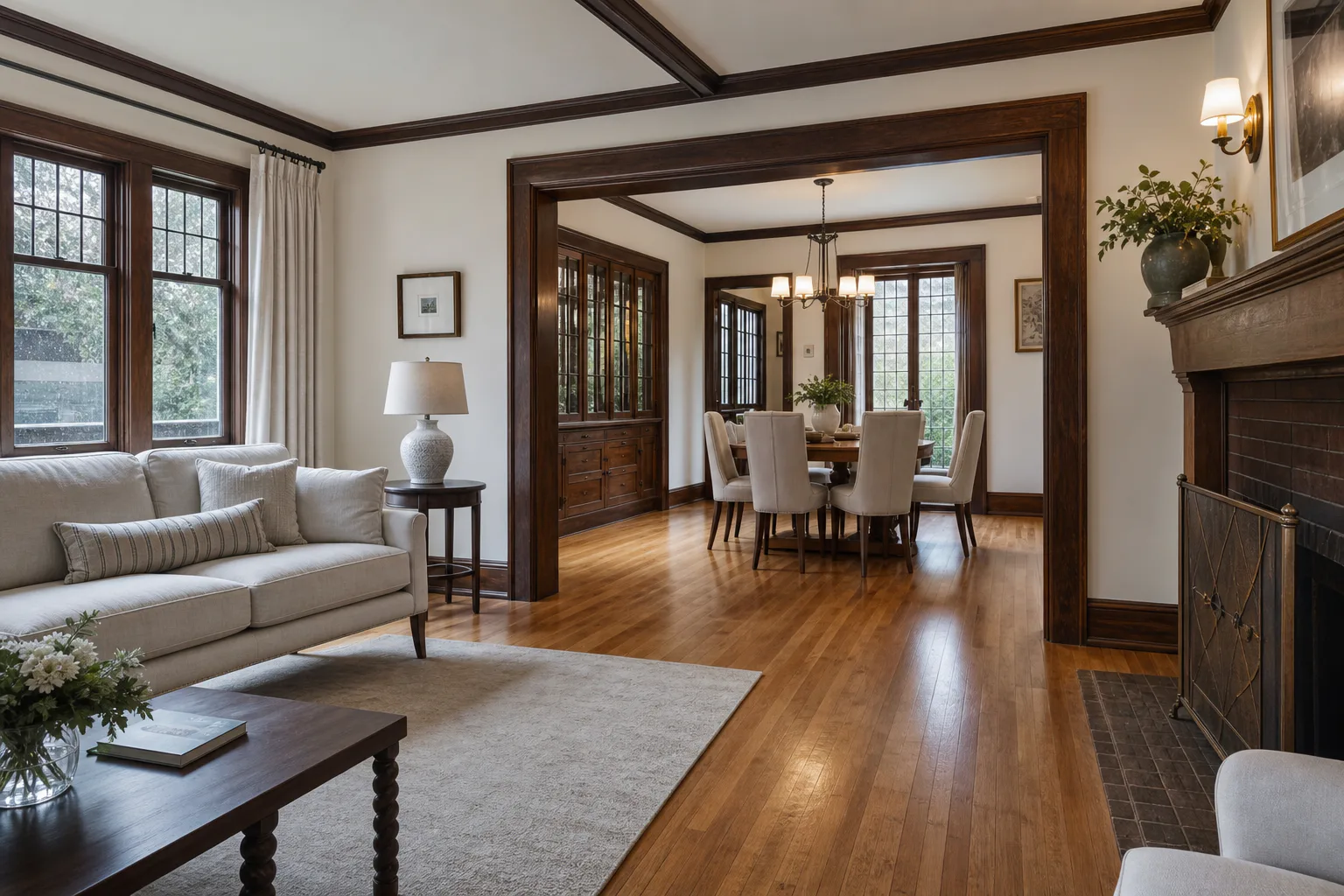 Restored oak flooring connecting a Tudor living room and dining room