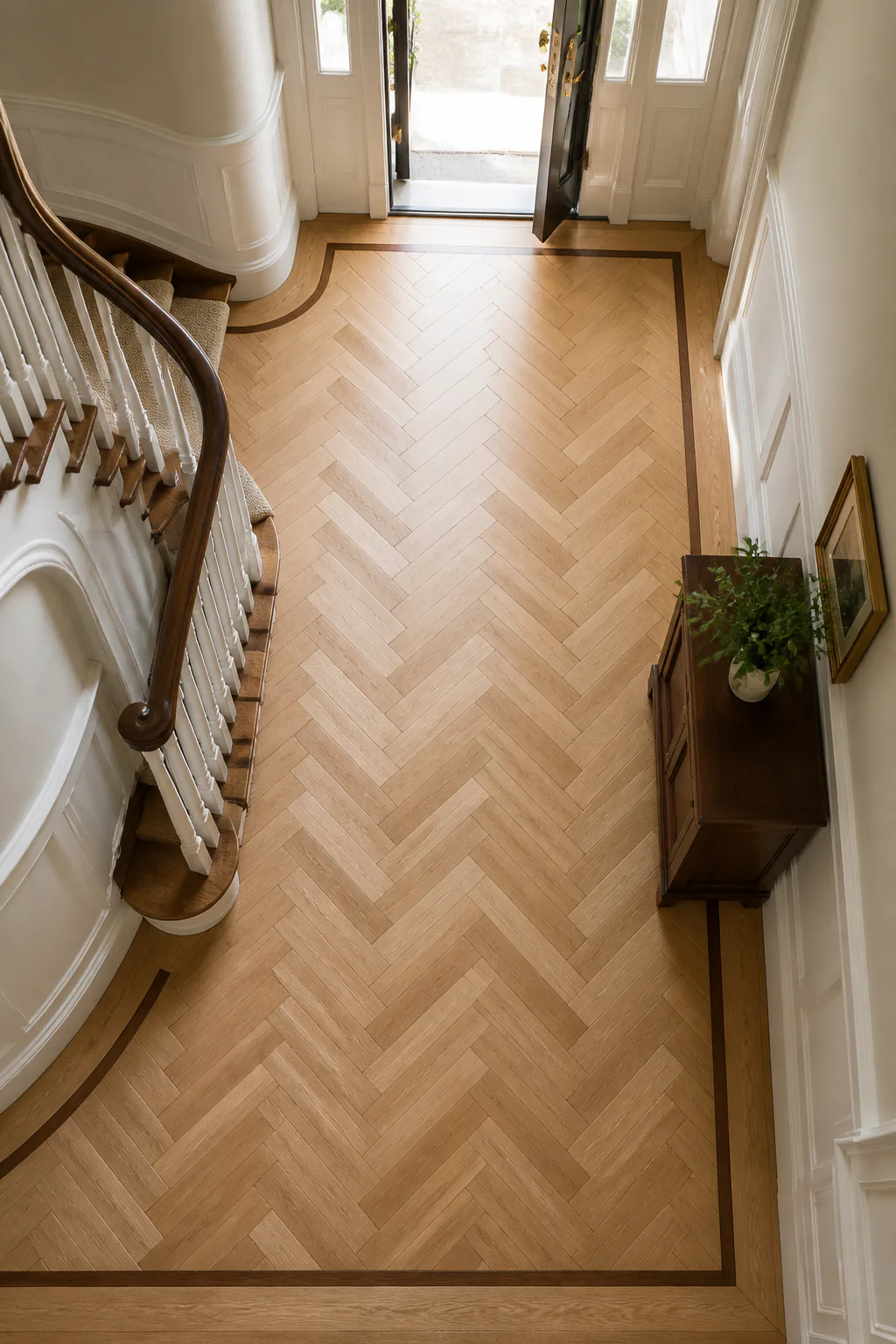 White oak herringbone entry flooring with a precise dark walnut border