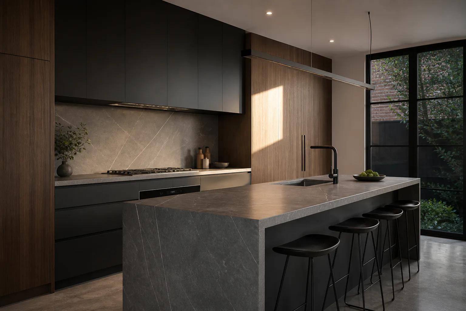 Contemporary townhouse kitchen remodel with charcoal cabinets, walnut storage and gray stone