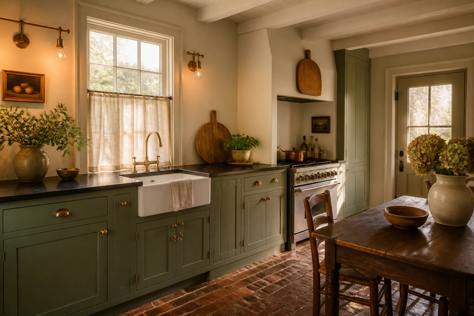 English cottage kitchen remodel with sage cabinets, soapstone counters and brick flooring