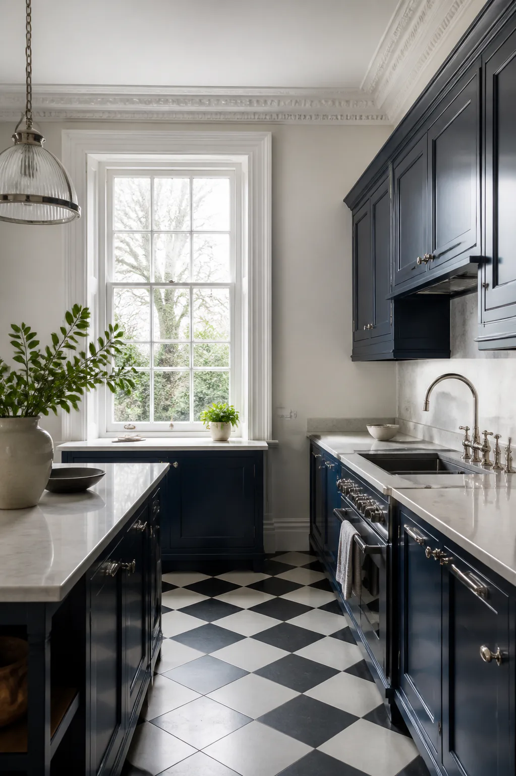Georgian Revival kitchen remodel with navy cabinetry and a black and white checkerboard floor