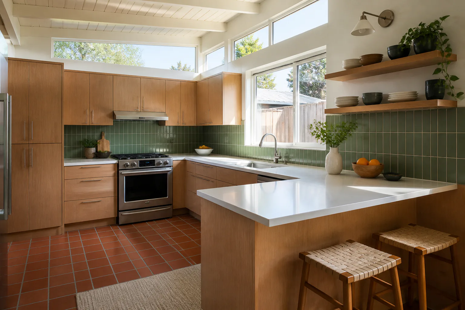 Mid-century ranch kitchen remodel with white oak cabinetry, green tile and terracotta flooring