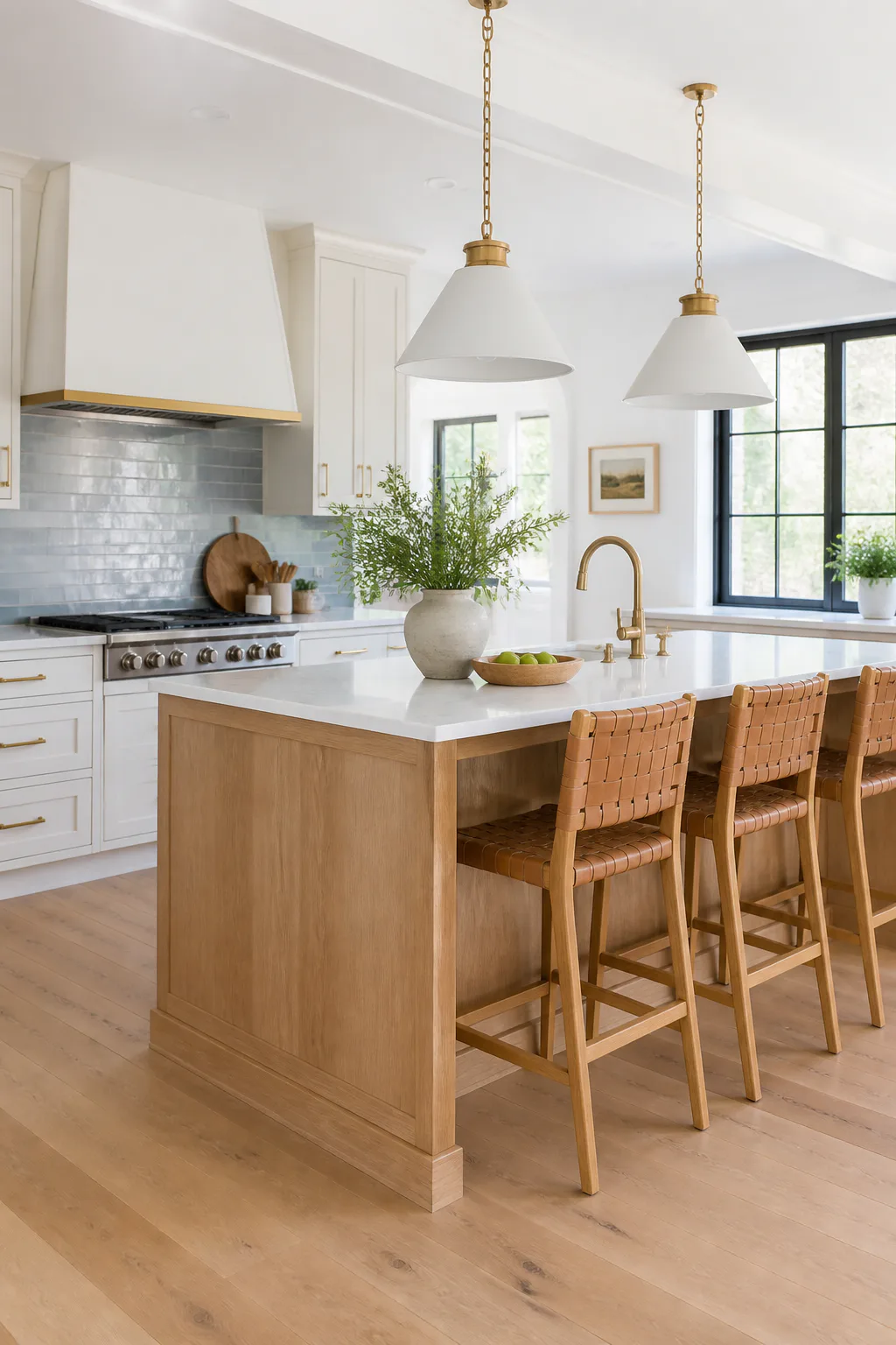 Transitional kitchen remodel with a pale oak island, white cabinetry and soft blue tile