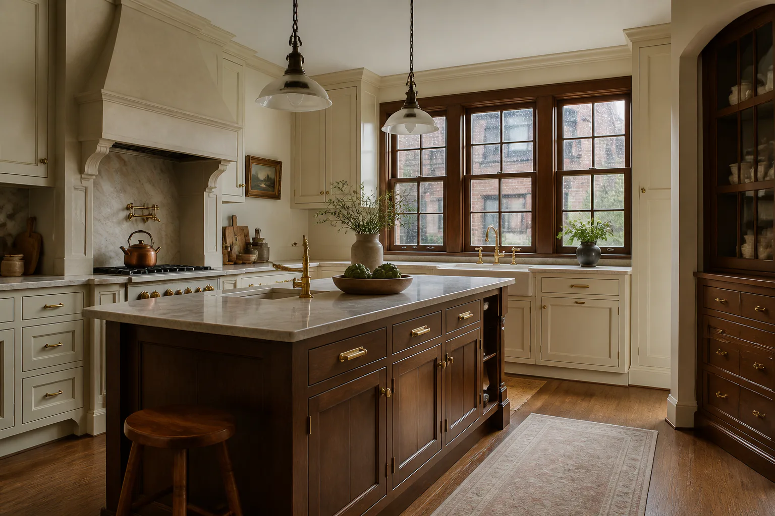 Cream and walnut kitchen remodel in a Tudor home with dark wood windows and a limestone island