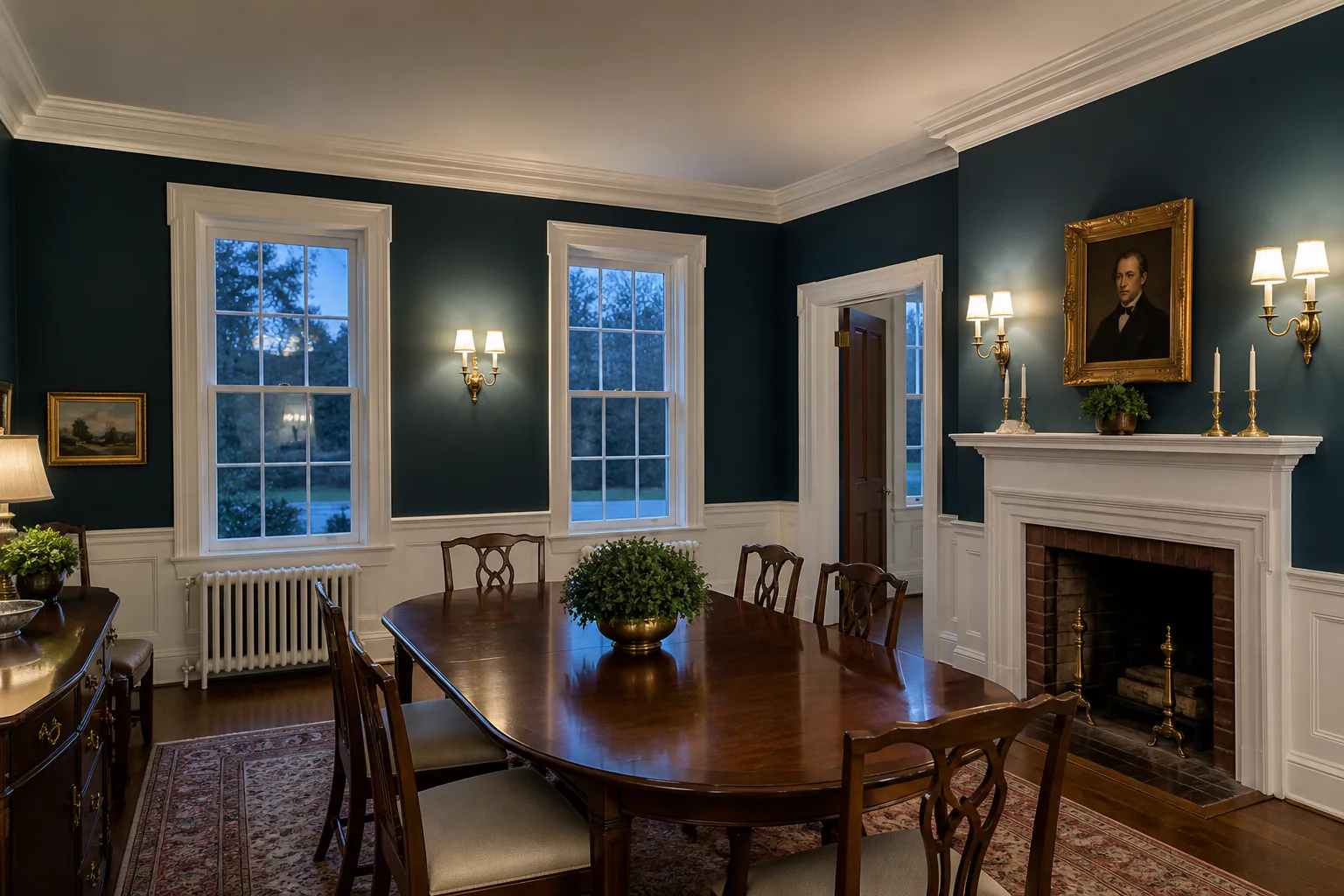 Traditional dining room interior painting with blue-green walls, white crown molding and wainscot