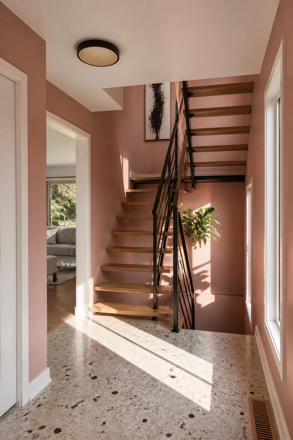 Mid-century stair hall interior painting in muted clay pink with crisp white trim