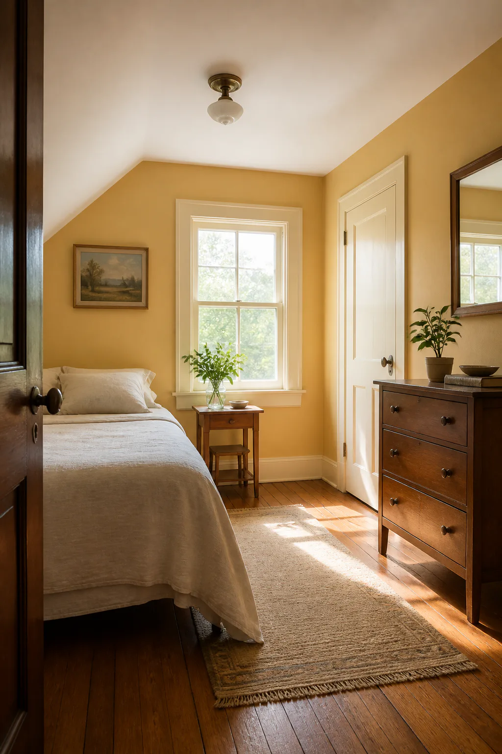 1940s bedroom interior painting in soft ochre with cream trim