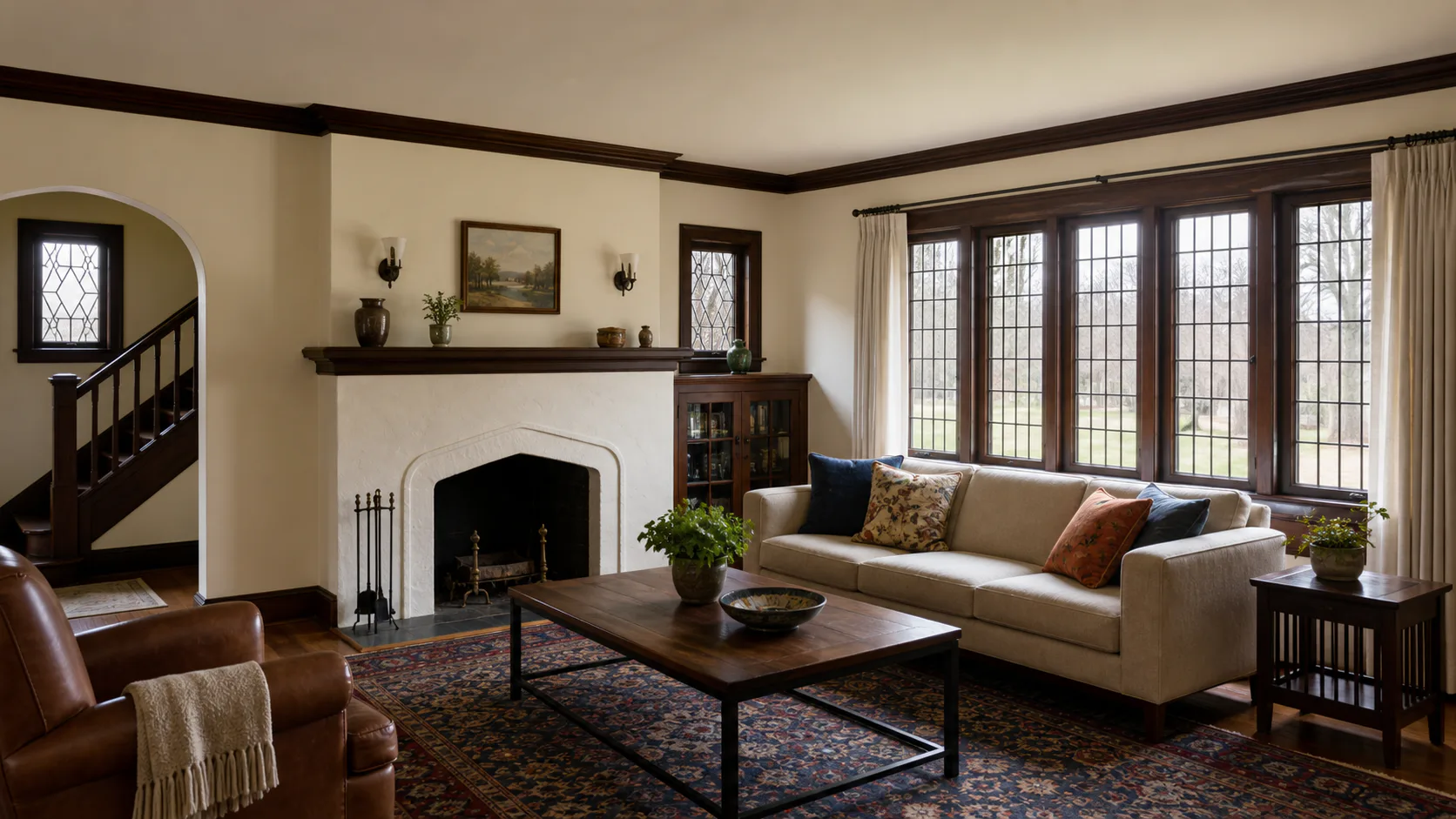 Tudor living room interior painting in warm ivory around original dark oak trim